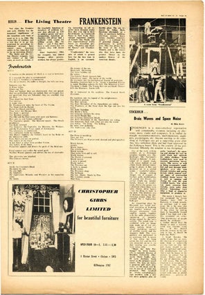 "Berlin… The Living Theatre", a short article on The Living Theatre's production of 'Frankenstein' in Berlin, accompanied by a photograph, and the first printing in English of Julian Beck's synopsis, in INTERNATIONAL TIMES #2 (London: October 31, 1966).