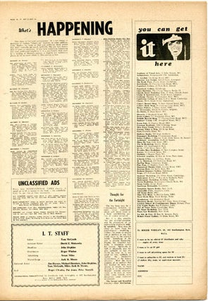 "Berlin… The Living Theatre", a short article on The Living Theatre's production of 'Frankenstein' in Berlin, accompanied by a photograph, and the first printing in English of Julian Beck's synopsis, in INTERNATIONAL TIMES #2 (London: October 31, 1966).