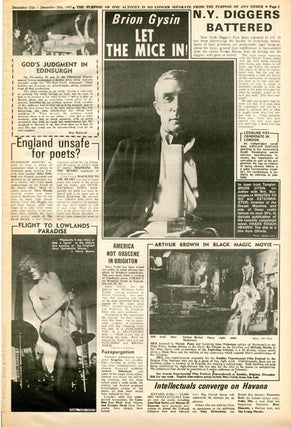 "Sex Money and Action in a Supplementary Society" (2pp.), with photo-illustrations by Gianfranco Mantegna, in INTERNATIONAL TIMES #22 (London: December 15, 1967).