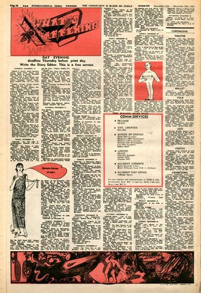 "Sex Money and Action in a Supplementary Society" (2pp.), with photo-illustrations by Gianfranco Mantegna, in INTERNATIONAL TIMES #22 (London: December 15, 1967).