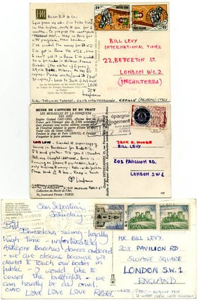 A group of six items, including autograph postcards + collage.