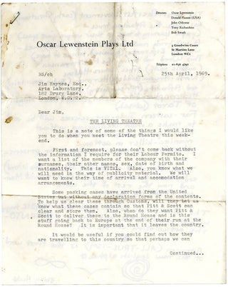 A small group of documents relating to The Living Theatre's visit to London and their series of performances at the Roundhouse, c. May 1969.