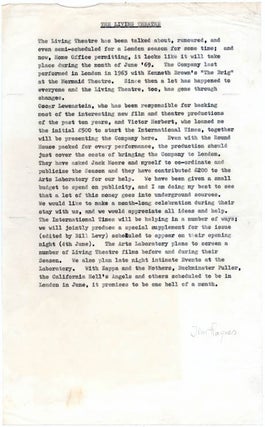 A small group of documents relating to The Living Theatre's visit to London and their series of performances at the Roundhouse, c. May 1969.