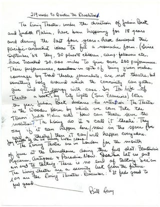 A small group of documents relating to The Living Theatre's visit to London and their series of performances at the Roundhouse, c. May 1969.