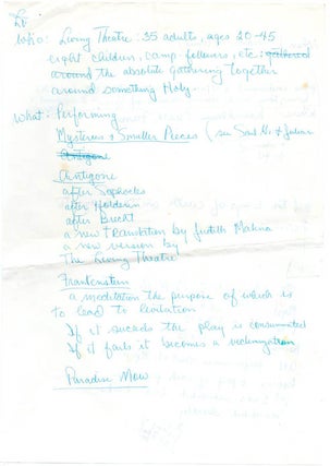 A small group of documents relating to The Living Theatre's visit to London and their series of performances at the Roundhouse, c. May 1969.