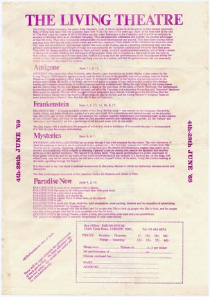 Item #39061 Original publicity and booking form for The Living Theatre at the Roundhouse, north...
