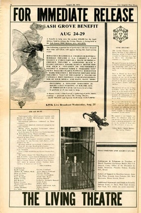 Full-page ad. announcing a benefit event for The Living Theatre at the Ash Grove (on Melrose), August 24-29 in LOS ANGELES FREE PRESS #370 (August 20, 1971).
