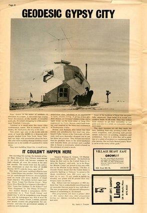 "Geodesic Gypsy City", a half-page article (incl. photo) on Drop City, in THE EAST VILLAGE OTHER Vol. 1, #17 (NY: August 1, 1966).