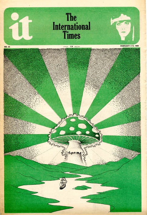 Item #39123 Short feature quoting Lynn Darnton, illustrated with a photograph of two members of the commune and front cover artwork, in INTERNATIONAL TIMES #25 (London: February 2, 1968). THE TRIBE OF THE SACRED MUSHROOM.