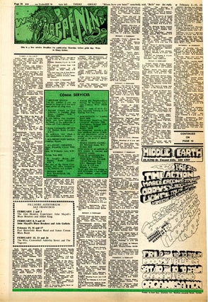 Short feature quoting Lynn Darnton, illustrated with a photograph of two members of the commune and front cover artwork, in INTERNATIONAL TIMES #25 (London: February 2, 1968).