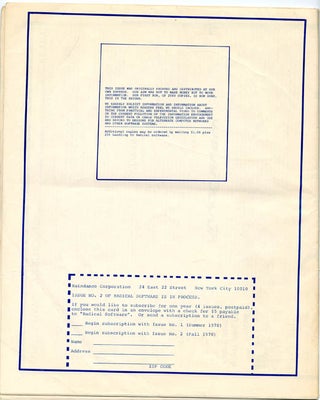 RADICAL SOFTWARE #1 (NY: Raindance Corporation, second print run [September 1970], with new editorial address, issue number printed on the front, and variant text and design to back cover; all other contents identical to first printing).