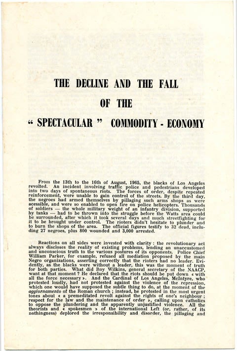 Item #39359 The Decline and the Fall of the 'Spectacular' Commodity-Economy. Paris: SI, (dated) December 1965. Guy DEBORD.