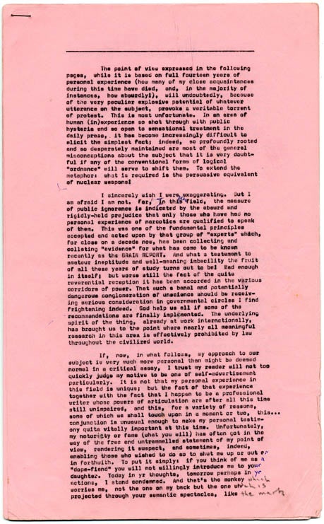 Item #39361 An 11pp. typescript (carbon) of Alexander Trocchi's essay concerning the Brain Committee, the Brain Report and his own heroin addiction (London, July 1966). TYPESCRIPT.
