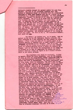 An 11pp. typescript (carbon) of Alexander Trocchi's essay concerning the Brain Committee, the Brain Report and his own heroin addiction (London, July 1966).