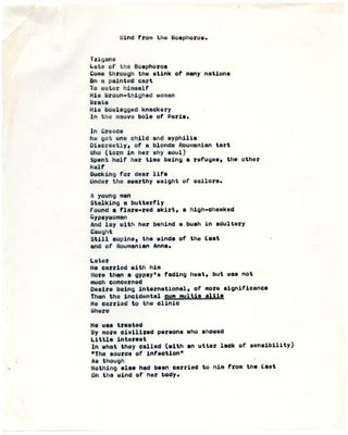 A group of four typescript poems (carbon) by Alexander Trocchi, originally sent to the editor of International Times, Bill Levy, c. September 1967.