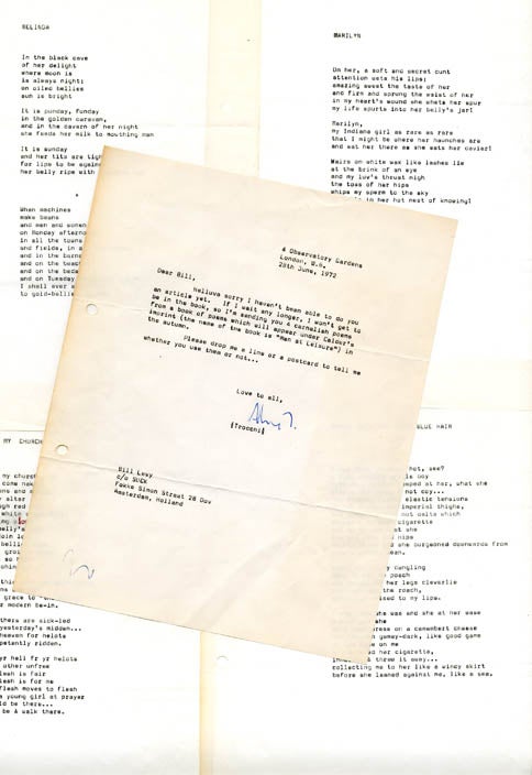 Item #39372 A group of 4 typescript poems by Alexander Trocchi, accompanied by a typed letter signed to the editor of Suck, Bill Levy, dated June 28, 1972 (97 words). TYPESCRIPT POEMS + TLS.