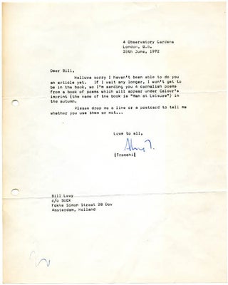 A group of 4 typescript poems by Alexander Trocchi, accompanied by a typed letter signed to the editor of Suck, Bill Levy, dated June 28, 1972 (97 words).