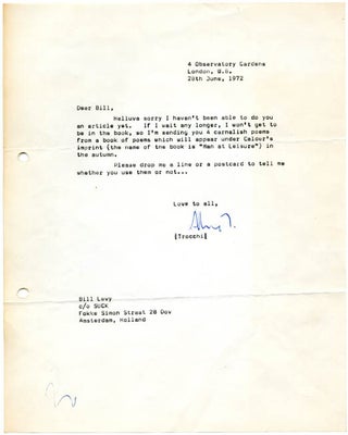 A group of 4 typescript poems by Alexander Trocchi, accompanied by a typed letter signed to the editor of Suck, Bill Levy, dated June 28, 1972 (97 words).