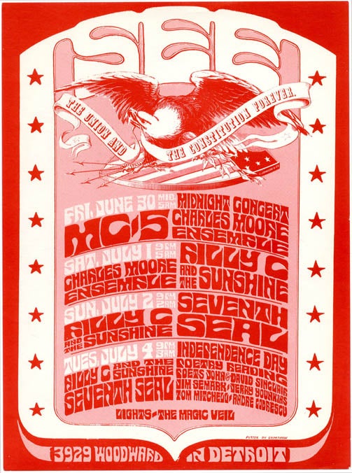 Item #39383 Original handbill designed by Gary Grimshaw announcing the MC5 at the See Theatre, Detroit, June 30, 1967. THE MC5.