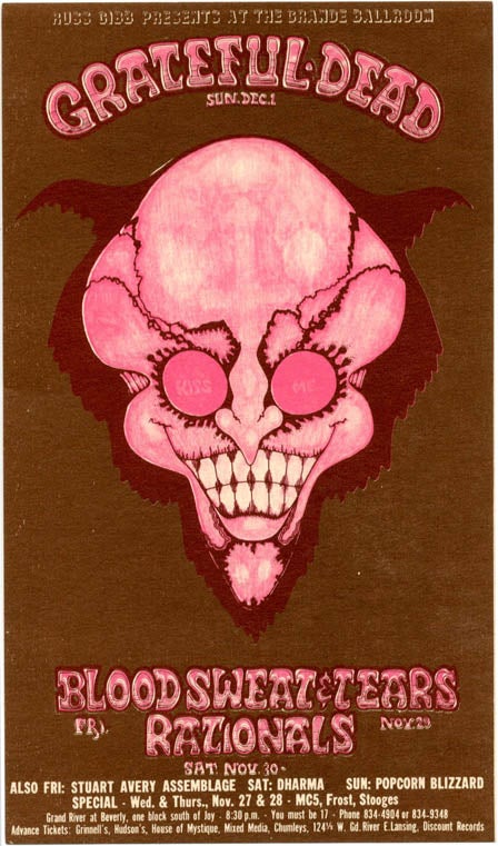 Item #39388 Original postcard featuring artwork by Donnie Dope announcing the Grateful Dead at the Grande Ballroom, Detroit, December 1, 1968, with support from Blood, Sweat & Tears and the Rationals. THE GRATEFUL DEAD.