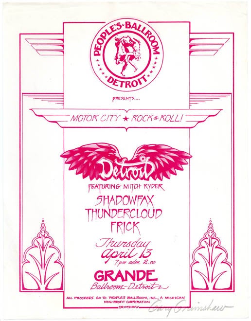 Item #39390 MOTOR CITY ROCK & ROLL! Original handbill designed by Gary Grimshaw announcing 'Motor City Rock & Roll' at the Grande Ballroom on April 3, 1969, featuring Detroit/Mitch Ryder, Shadowfax, Thundercloud, and Frick.