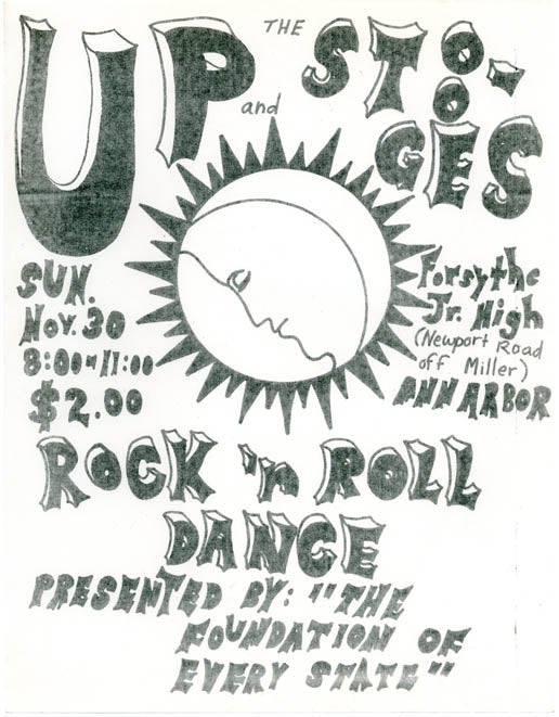 Item #39393 Original xeroxed handbill announcing the Stooges and Up in a "Rock'nRoll Dance" at Forsythe Jr. High, Ann Arbor, November 30, 1969. THE STOOGES.
