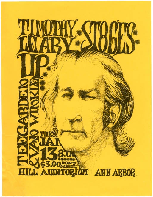 Item #39394 Original handbill for a 'Free John Sinclair' benefit to be held in Ann Arbor, Michigan, January 13, 1970, listing main participants Timothy Leary and the Stooges, with Up and Teegarden & Vanwinkle. TIMOTHY LEARY/THE STOOGES.