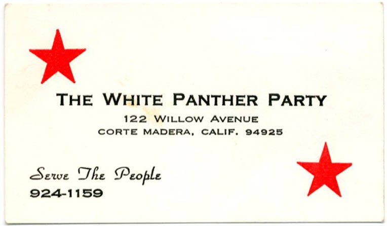 Item #39395 A small card providing the address and phone number for the Marin chapter of the White Panther Party in Corte Madera, California, c. July 1970. THE WHITE PANTHER PARTY.