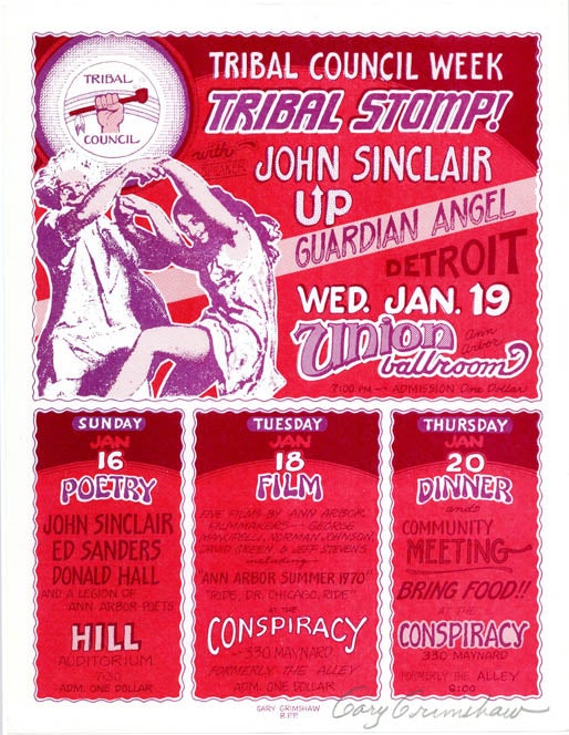 Item #39402 TRIBAL STOMP! Original handbill designed by Gary Grimshaw announcing a Tribal Stomp! with speaker John Sinclair and bands Up and Guardian Angel at the Union Ballroom, Ann Arbor, Michigan, January 19, 1972.
