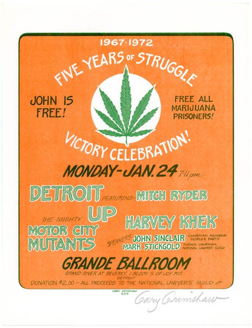 Item #39403 FIVE YEARS OF STRUGGLE VICTORY CELEBRATION. Original handbill designed by Gary Grimshaw announcing a Victory Celebration with Detroit/Mitch Ryder, Up, Harvey Khek, the Motor City Mutants, and speakers John Sinclair and lawyer Mark Stickgold, at the Grande Ballroom, Detroit, January 24, 1972.