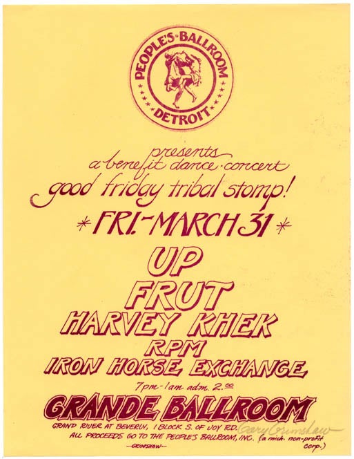 Item #39404 GOOD FRIDAY TRIBAL STOMP! Original handbill designed by Gary Grimshaw announcing Up, Früt, Harvey Khek and others in a benefit dance concert at the Grande Ballroom, March 31, 1972.