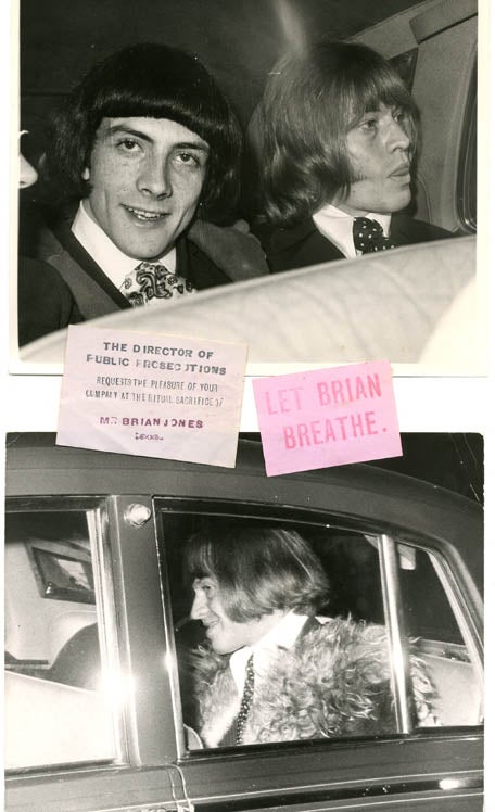 Item #39458 Two original 8x10 press photographs together with two exceedingly rare stickers relating to Brian Jones's arrest for drug possession in May 1967. Brian JONES.