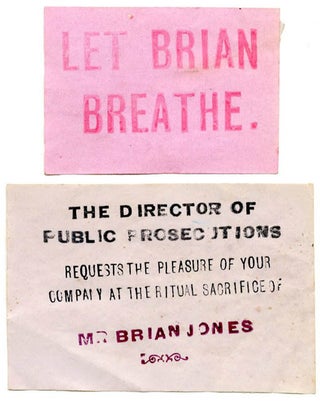 Two original 8x10 press photographs together with two exceedingly rare stickers relating to Brian Jones's arrest for drug possession in May 1967.