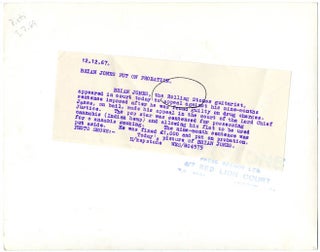 Two original 8x10 press photographs together with two exceedingly rare stickers relating to Brian Jones's arrest for drug possession in May 1967.