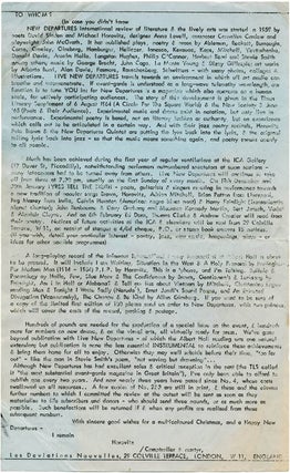 A group of 14 publicity items dating from between 1960 and 1967 promoting Live New Departures, the series of touring poetry, folk and jazz happenings organised by Michael Horovitz and Pete Brown from 1959 onwards.