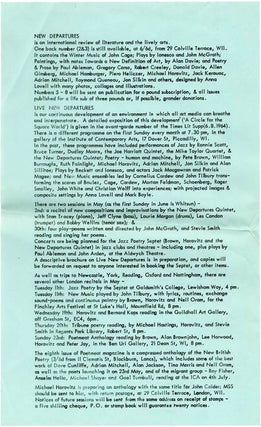 A group of 14 publicity items dating from between 1960 and 1967 promoting Live New Departures, the series of touring poetry, folk and jazz happenings organised by Michael Horovitz and Pete Brown from 1959 onwards.