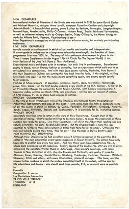A group of 14 publicity items dating from between 1960 and 1967 promoting Live New Departures, the series of touring poetry, folk and jazz happenings organised by Michael Horovitz and Pete Brown from 1959 onwards.