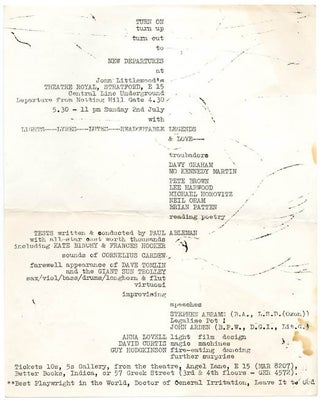 A group of 14 publicity items dating from between 1960 and 1967 promoting Live New Departures, the series of touring poetry, folk and jazz happenings organised by Michael Horovitz and Pete Brown from 1959 onwards.