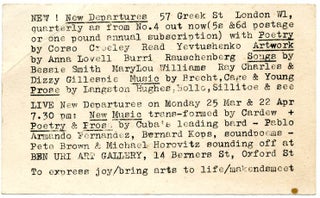A group of 14 publicity items dating from between 1960 and 1967 promoting Live New Departures, the series of touring poetry, folk and jazz happenings organised by Michael Horovitz and Pete Brown from 1959 onwards.