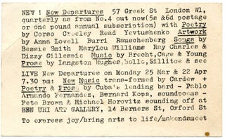 A group of 14 publicity items dating from between 1960 and 1967 promoting Live New Departures, the series of touring poetry, folk and jazz happenings organised by Michael Horovitz and Pete Brown from 1959 onwards.