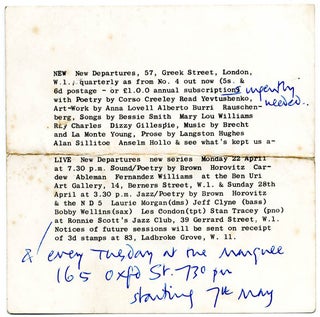 A group of 14 publicity items dating from between 1960 and 1967 promoting Live New Departures, the series of touring poetry, folk and jazz happenings organised by Michael Horovitz and Pete Brown from 1959 onwards.