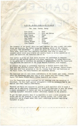A group of 14 publicity items dating from between 1960 and 1967 promoting Live New Departures, the series of touring poetry, folk and jazz happenings organised by Michael Horovitz and Pete Brown from 1959 onwards.