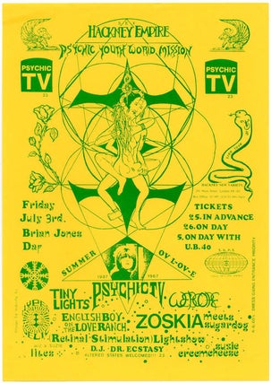 An original flyer announcing 'Psychic Youth World Mission' with PTV and others at the Hackney Empire, London, July 3, 1987, 'Brian Jones Day' (Jones died on 3rd July, 1969) + 2 original unused 'Brian Jones Died For Your Sins' stickers.