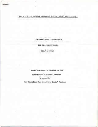 Item #39569 Declaration of Independence For Dr. Timothy Leary (July 4, 1971): Model Statement in...