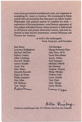 Declaration of Independence For Dr. Timothy Leary July 4, 1971: Model Statement in Defense of the Philosophers Personal Freedom Proposed by San Francisco Bay Area Prose Poets’ Phalanx.