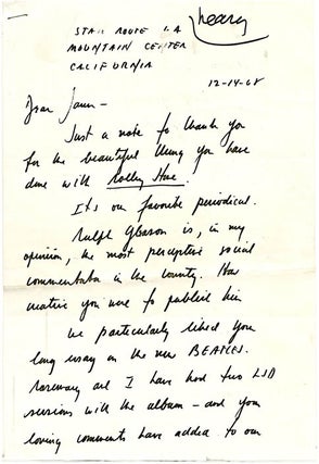 Item #39595 Contemporary photocopy of a holograph letter from Timothy Leary to the editor of...