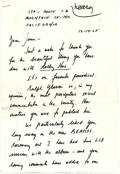 Item #39595 Contemporary photocopy of a holograph letter from Timothy Leary to the editor of Rolling Stone, Jann Wenner, dated ‘12-14-68’. Timothy LEARY.