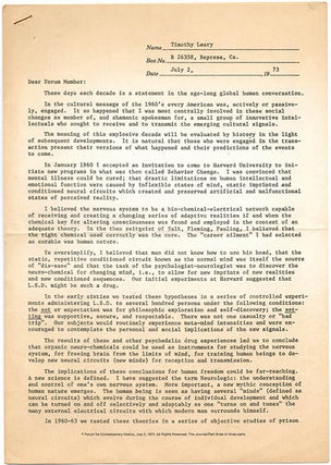 Item #39601 Letter to Forum Members. Timothy LEARY