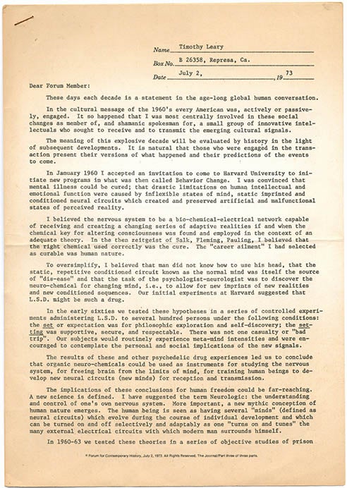 Item #39601 Letter to Forum Members. Timothy LEARY.