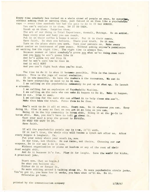 Item #39607 An original handbill printing an anonymously written polemic by Chester Anderson, Timothy LEARY.